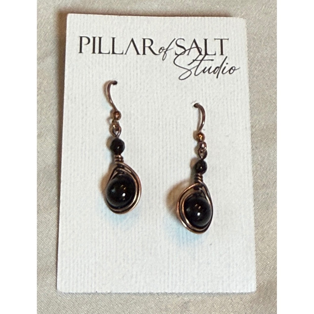 Pillar of Salt Studio Copper Wire Wrapped Earrings Black Onyx Stones Handcrafted
